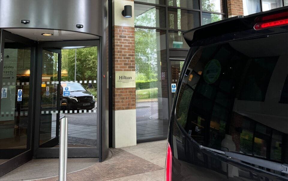 Front entrance of Hilton London Heathrow Airport Terminal 5, ideal for guests arriving by private transfer.