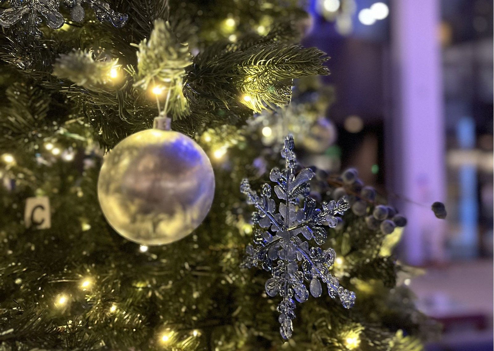 Close-up of a Christmas tree branch with a frosted silver snowflake ornament and a large gold bauble, warm twinkle lights in the background.